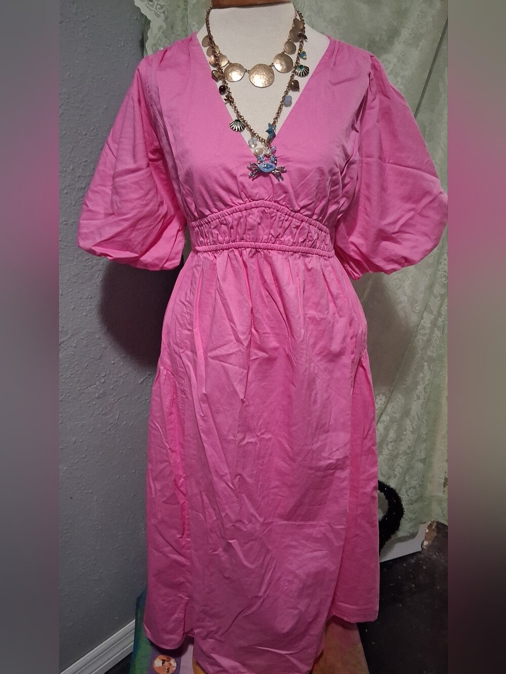 Old Navy Maternity- Pink Puff-Sleeve V-Neck Midi Dress